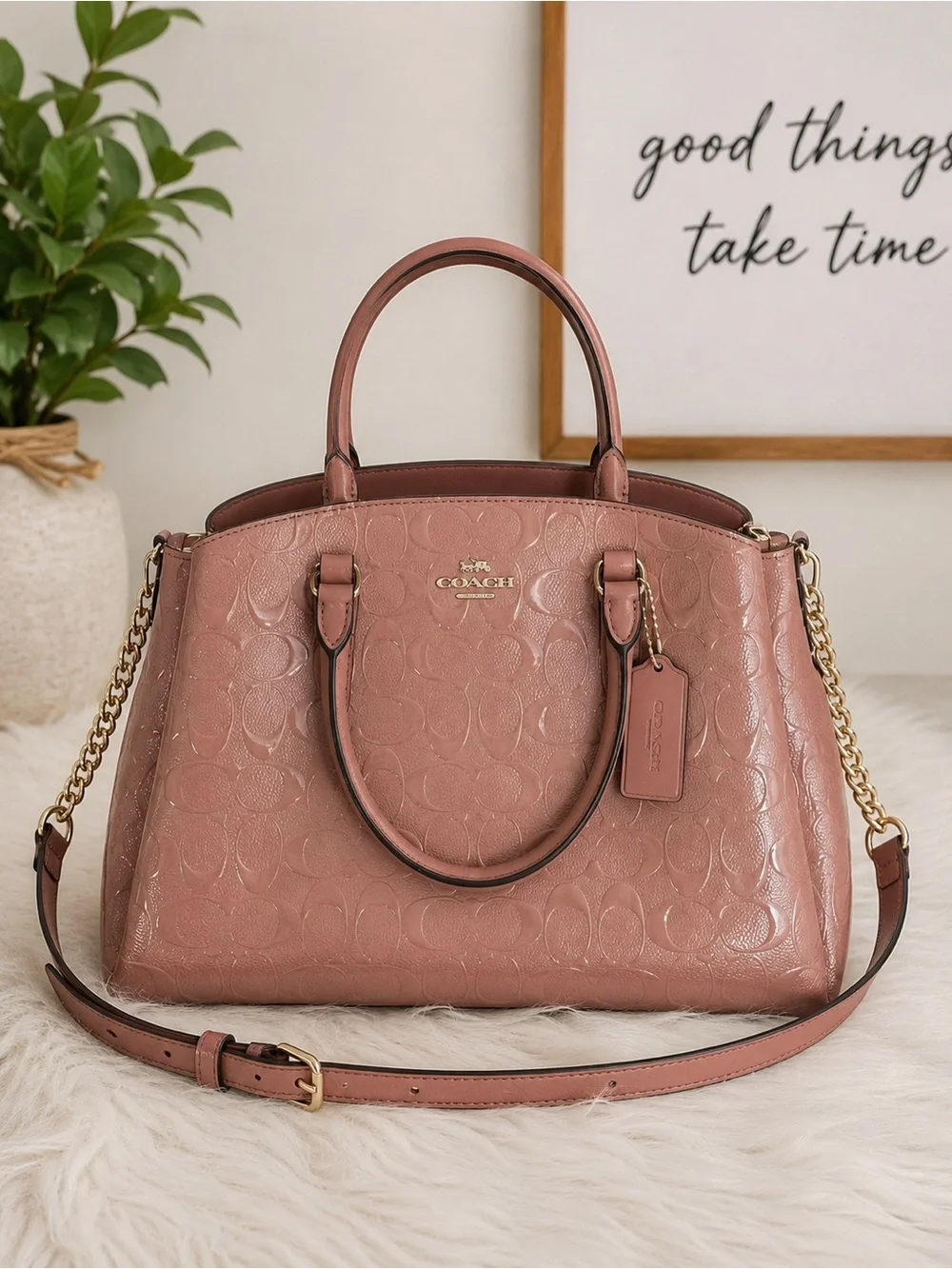 Coach Embossed Leather Satchel in Dusty Rose Pink